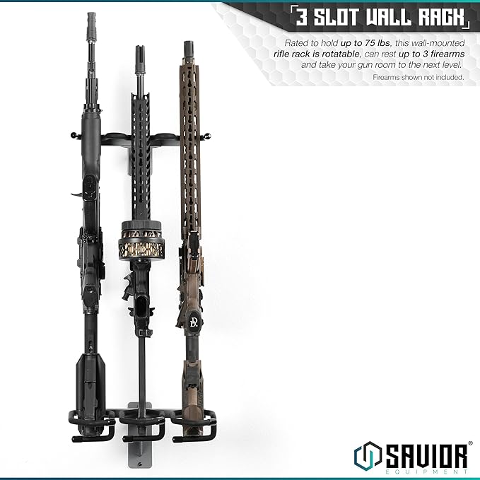 Savior Equipment Wall-Mount Rifle Rack Tactical Shotgun Carbine Firearm Free-Standing Gun Display Indoor Storage Rack - Heavy Duty Steel, Wide Angle Adjustment, 3-Slot Holds up to 75 Lbs