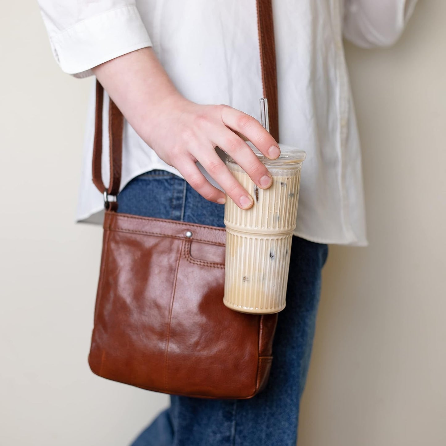 All Glass Iced Coffee Cup with Lid and Straw, Ribbed Glass Tumbler Set of 2 (22 oz ribbed)