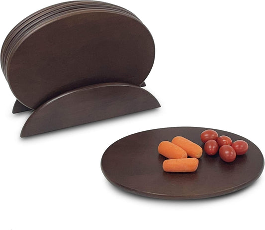 Woodard & Charles 6 Piece Wood Boards with Stand, Perfect for Serving, Sushi, Cheese, Hors D'Oeuvre, Charcuterie, Sandwiches, 7 Piece Set, 9 1/2" x 6 1/2" (Walnut)