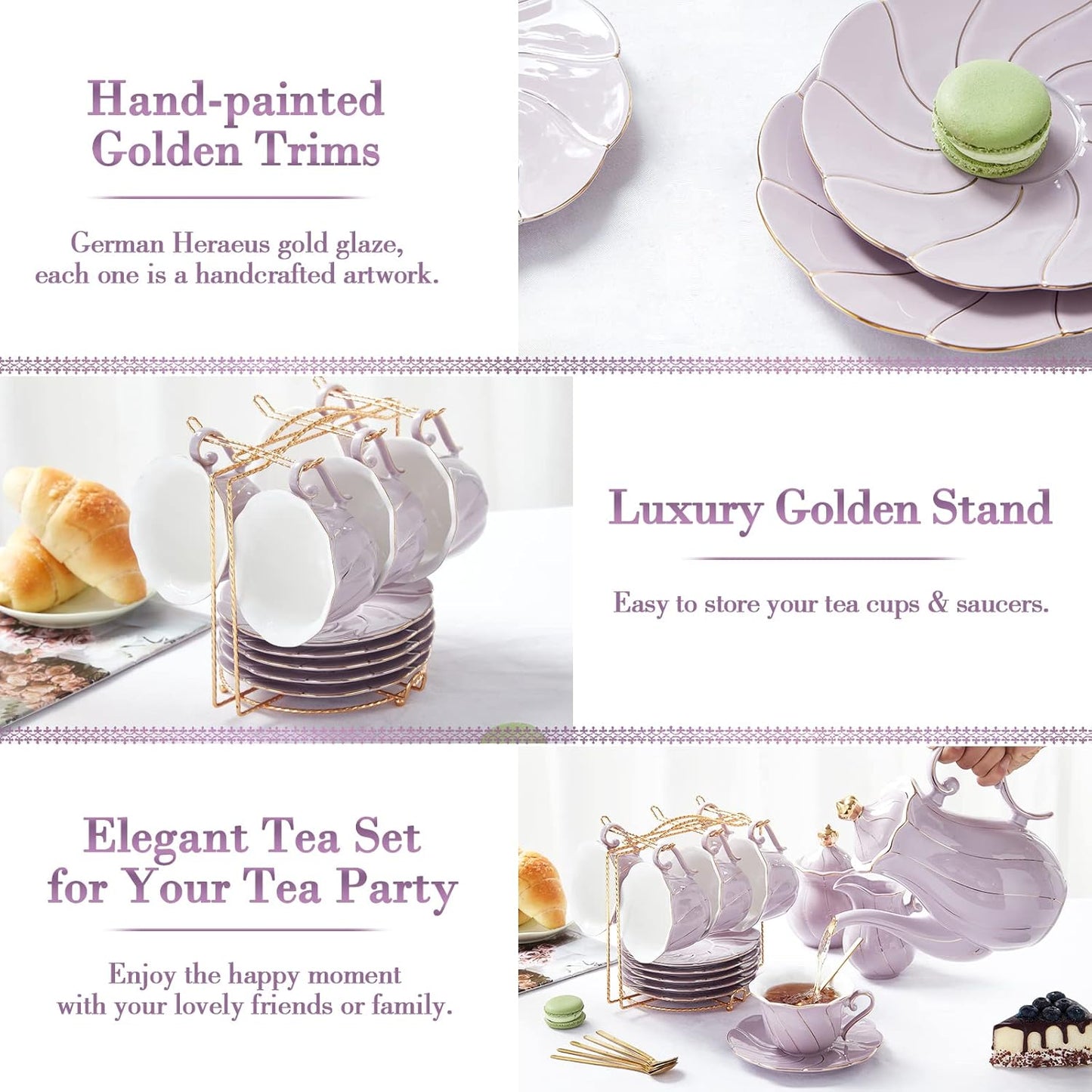 DUJUST 22 pcs Porcelain Tea Set for 6, Luxury British Style Tea/Coffee Cup Set with Golden Trim, Beautiful Tea Set for Women, Tea Party Set, Gift Package (With a Stand) - Purple