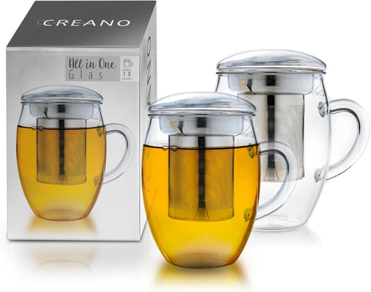Creano 2pcs All-In-One Tea Glass with Stainless Steel Infuser and Lid - 14oz (400ml)