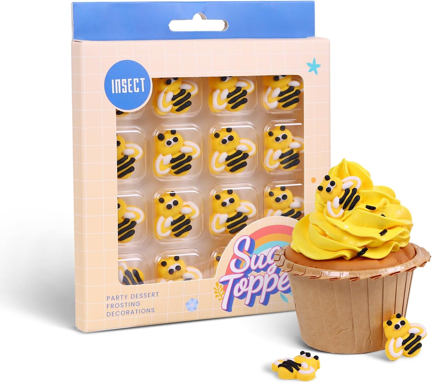 Edible Bees Cake Decorations, 16 pcs Bee Cake Decorations, Edible Bee for Cupcakes, Ice Cream, Waffles, Cookies, Cake, Macaron