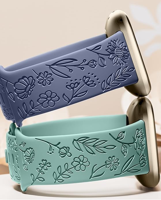 SNBLK 2 Pack Engraved Bands Only Compatible with Fitbit Versa 3/Fitbit Sense/Fitbit Versa 4/Fitbit Sense 2 Bands Four Models, Sunflower Rose Elegant Soft TPU Floral Pattern Replacement Strap Women
