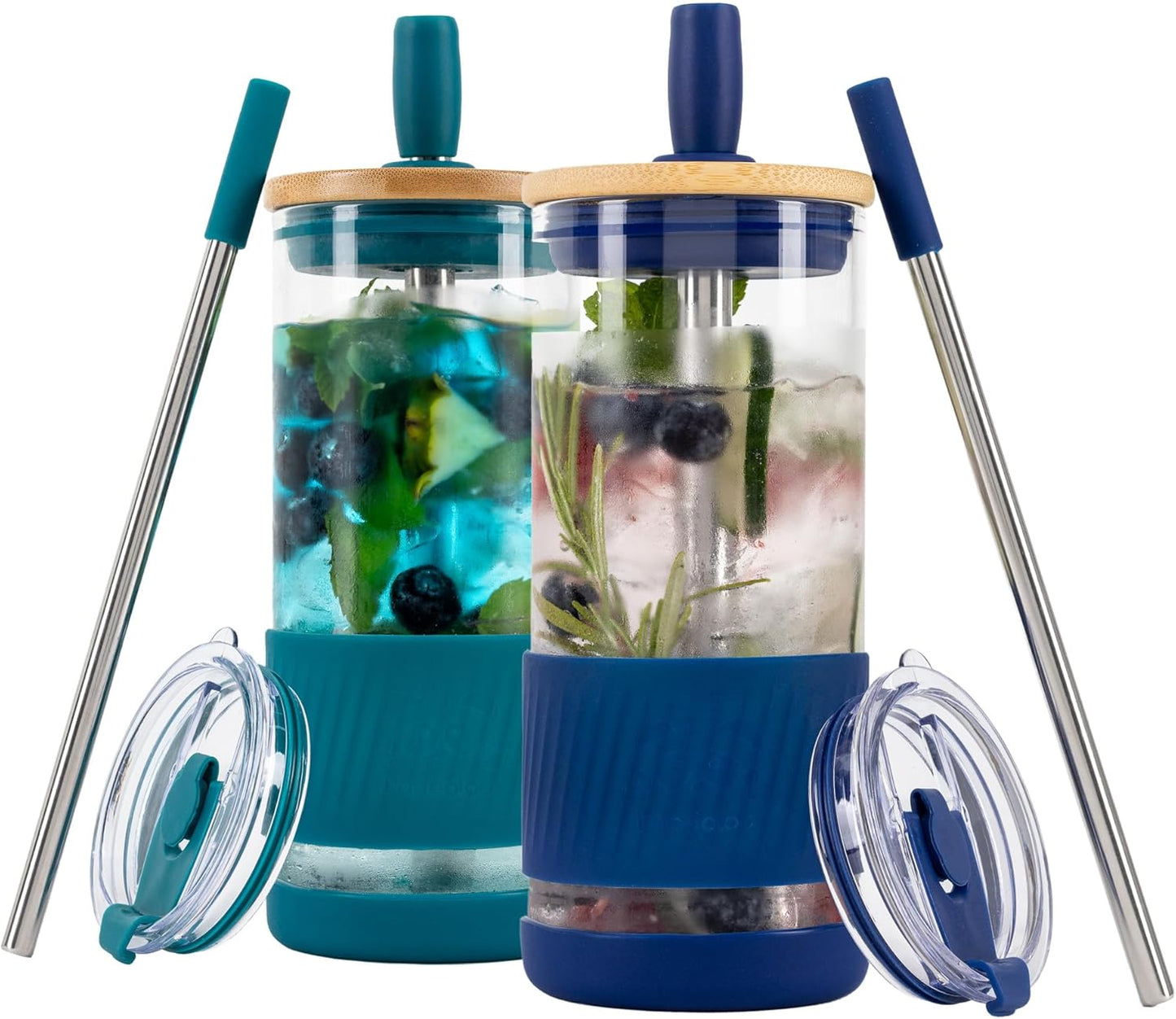 Pandaloo® Glass Cups With Lids and Straws -20 Fl Oz- Perfect Size Iced Coffee Cup - Smoothie Cup With Bamboo Lid and On the go Lid - Glass Tumbler (2 Count (Pack of 1), Intense Teal-Galactic Blue)