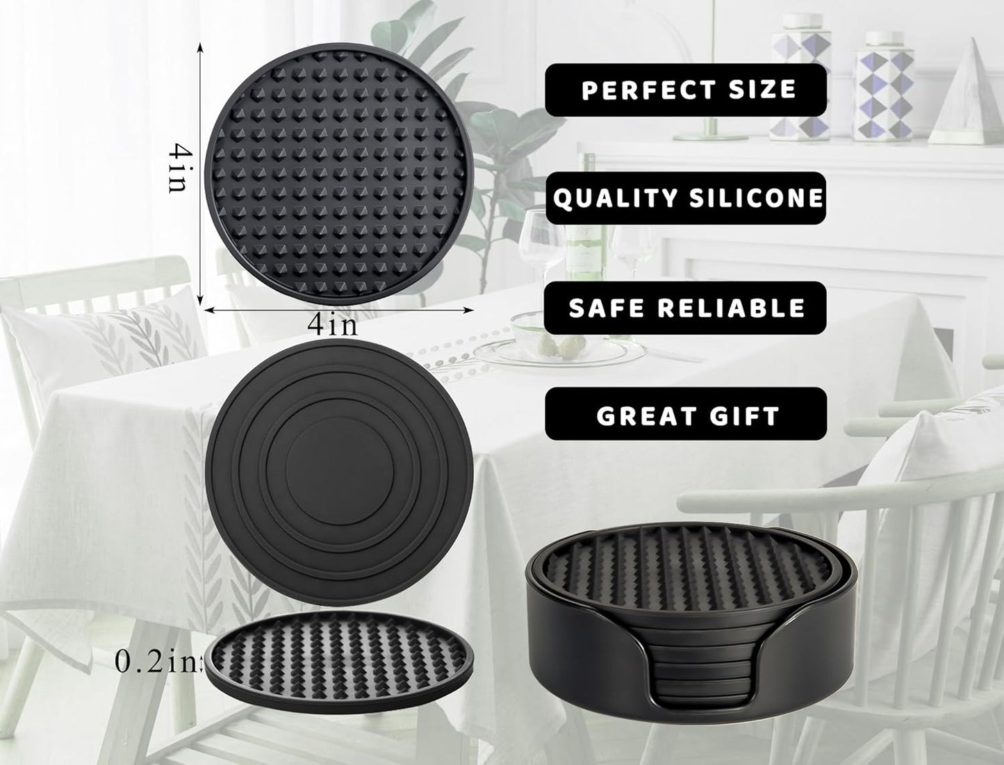 Coasters for Drinks 6 Pcs Drink Plastic Coaster with Holder,Heat Resistant Silicone Cup Mat Tabletop Protection,Non-Slip Rubber Coasters for Kinds of Cups (Black)