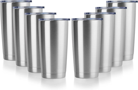 DOMICARE 20oz Stainless Steel Tumbler Bulk with Lid, Double Wall Vacuum Insulated Travel Mug, Powder Coated Coffee Cup, Stainless Steel, 8 Pack