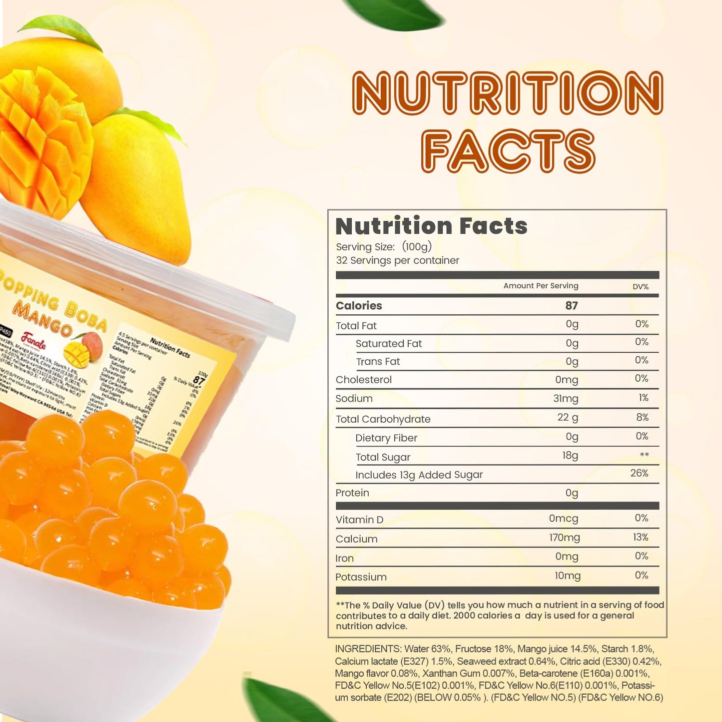 Fanale Mango Popping Boba Pearls, Vegan, Non GMO, Gluten Free, Fat Free, Perfect for Bubble Tea, Smoothies, Ice Cream, Desserts, and Beverages.