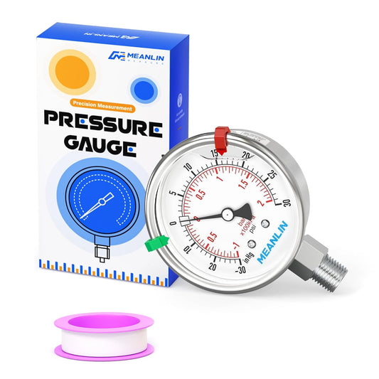 MEANLIN MEASURE -30inHG~30Psi Vacuum Pressure Gauge 316 Stainless Steel Joint 1/4" NPT 2.5" FACE DIAL, Stainless Steel Liquid Filled Pressure Gauge WOG Water Oil Air Lower Mount, 2PCS Snaps