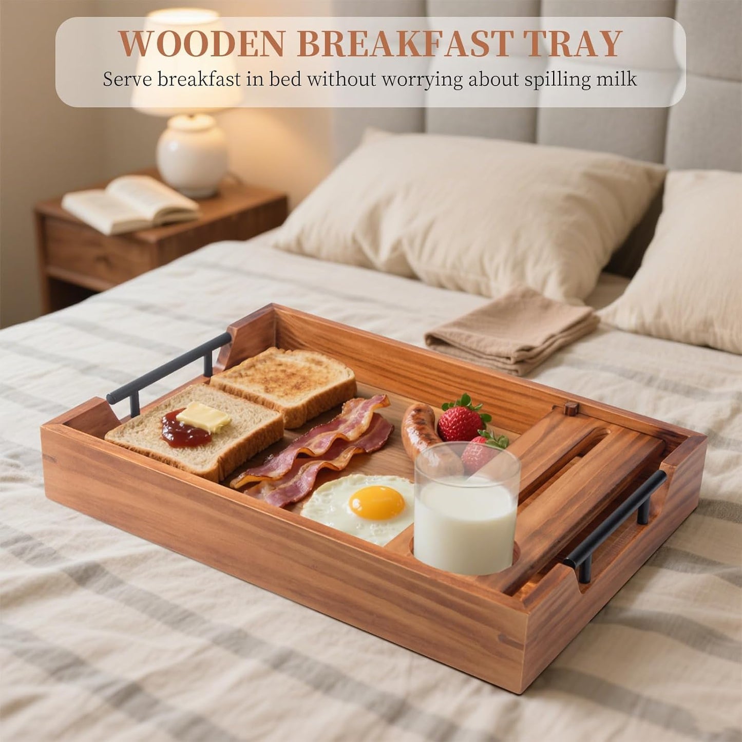 Serving Tray with Handles, 17"x12" Wooden Tray with Removable Wine Glass Holder Ottoman Tray Wood Serving Trays with Metal Handles for Breakfast, Dinner, Coffee Table, Food Drinks