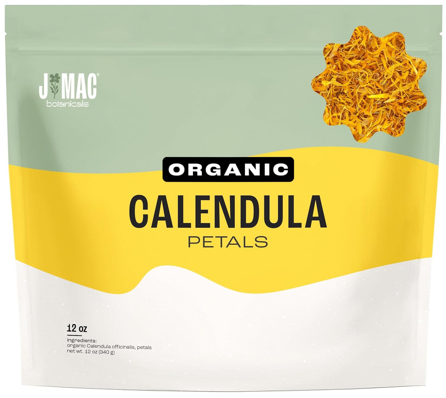J Mac Botanicals, Organic Calendula Petals (12 oz) edible dried flowers petals, pairs well with edible dried rose petal, edible flowers for ice cubes, edible flowers for food, beverages, bath bombs