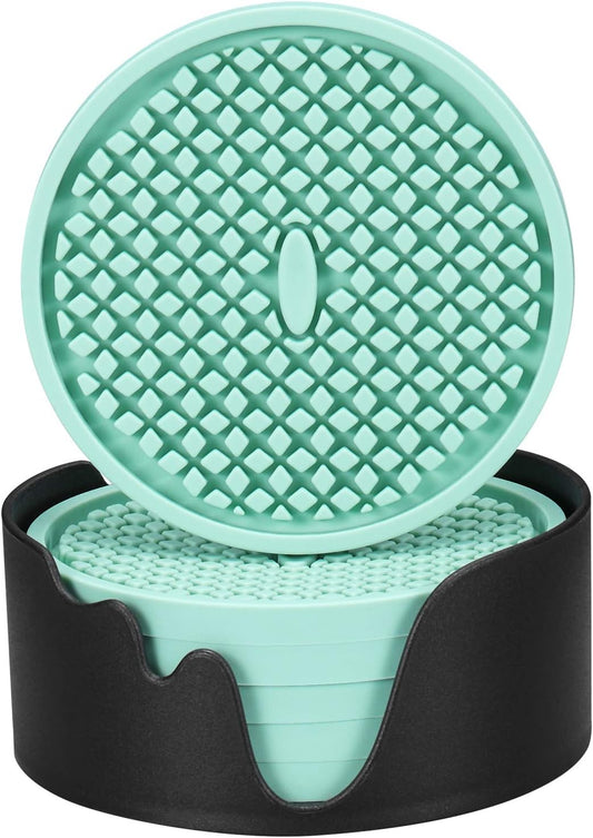 ME.FAN Silicone Coasters [6 Pack] Thickened Drink Coasters with Holder - Cup Mat - Non-Slip, Non-stick, Stay Put, Deep Tray - Prevents Furniture and Tabletop Damages(Peppermint Green)