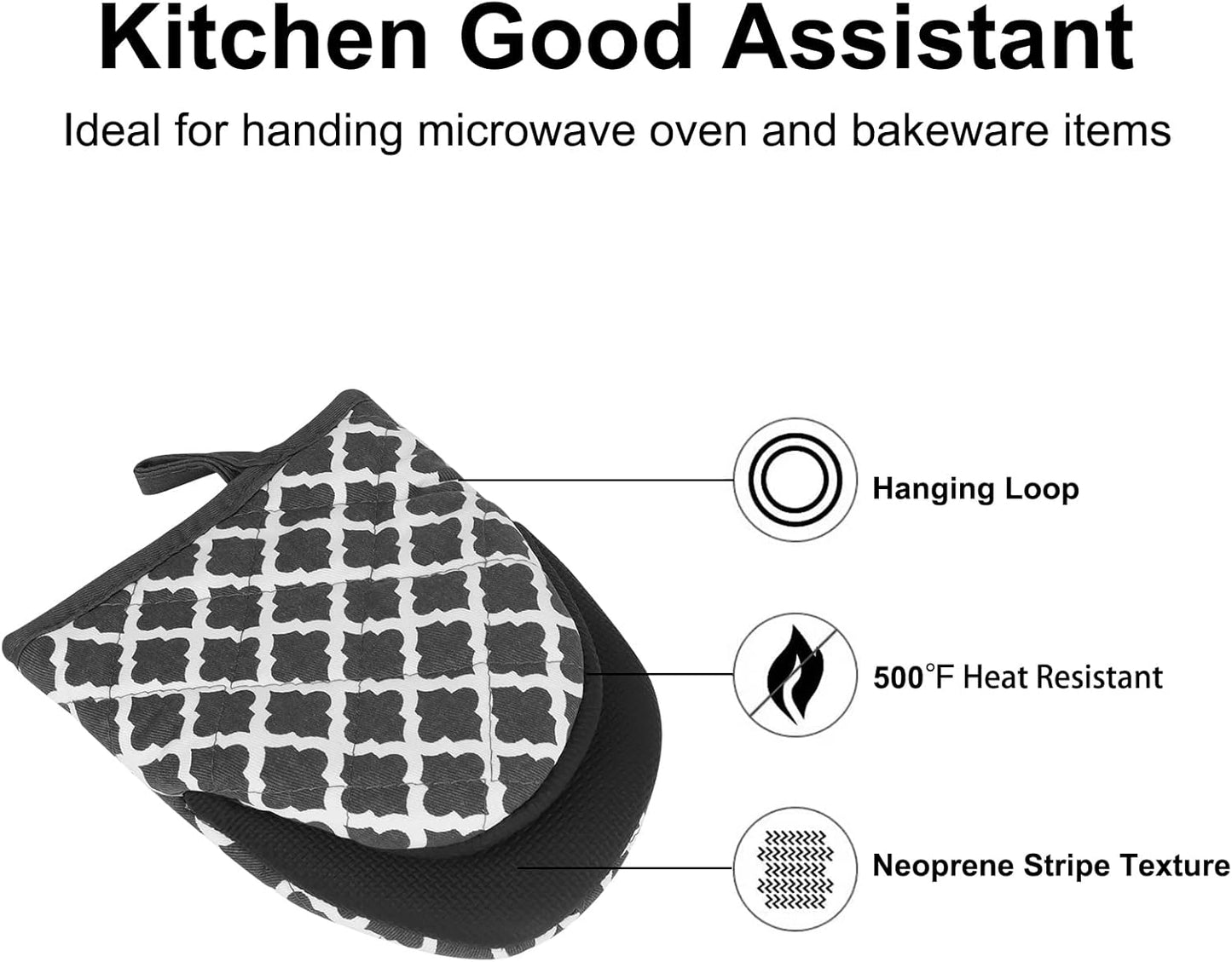 1 Pair Short Oven Mitts, Heat Resistant Silicone Kitchen Mini Oven Mitts for 500 Degrees, Non-Slip Grip Surfaces and Hanging Loop Gloves, Baking Grilling Barbecue Microwave Machine Washable