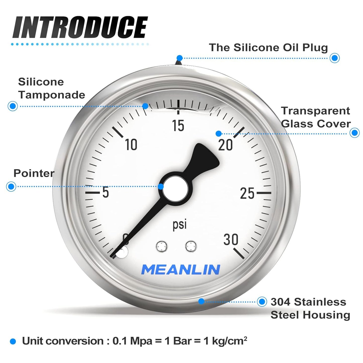 MEANLIN MEASURE 0~30Psi Stainless Steel 1/4" NPT 2.5" Single Scale FACE DIAL, Glycerin Filled Pressure Gauge, WOG Water Oil Air, Back Mount, with 1/2" NPT and 3/8" NPT Hex Bushing