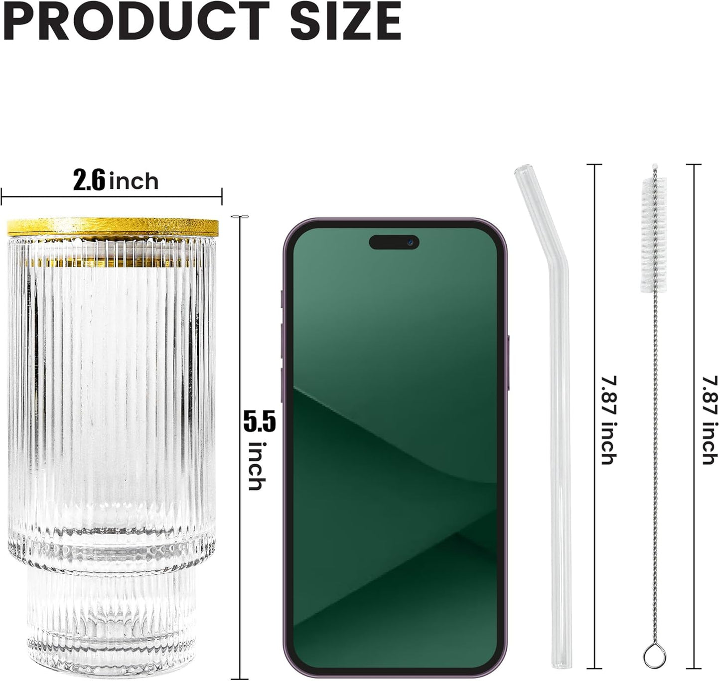 4 Pcs 11 oz Drinking Glasses Cups Set with Bamboo Lids Straws Brush Small Glassware Set for Mojito Iced Coffee Cocktail Whiskey(4 Mixed Pattern)