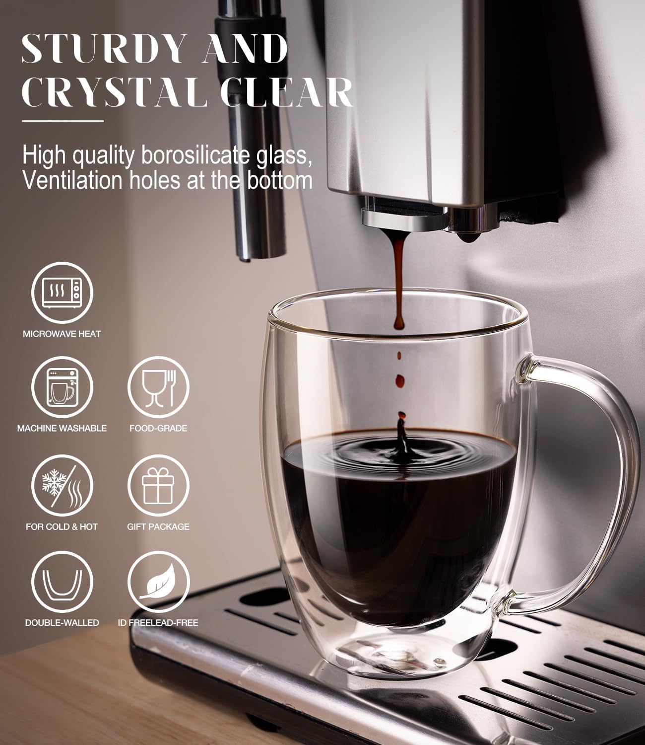 OJA Double Wall Glass Coffee Mugs Set of 2, 13oz Clear Glass Mugs, Insulated Coffee Cups, with coaster, Perfect for Espresso, Latte, Cappuccino, American, Tea Bag, Beverage