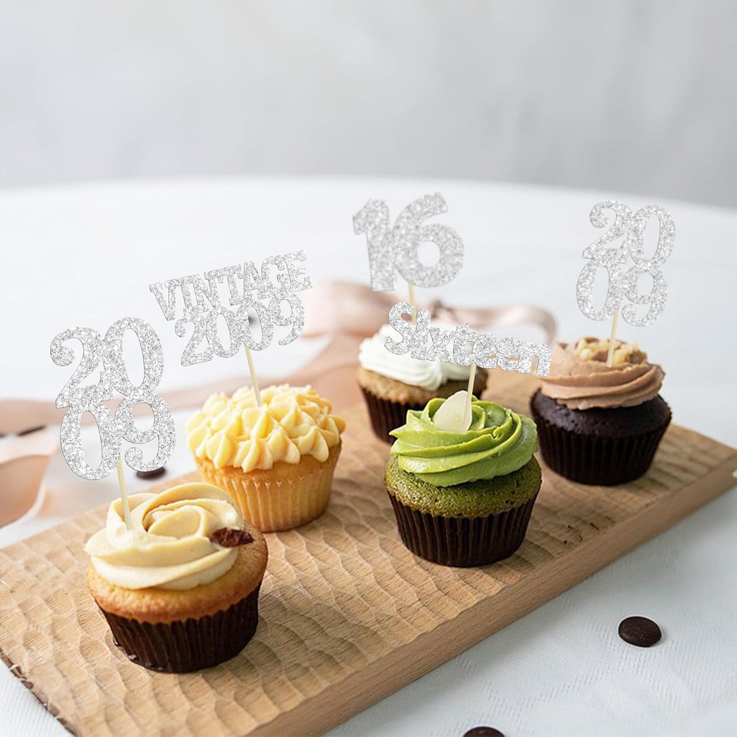Gyufise 24Pcs 16th Birthday Cupcake Toppers Glitter Sixteen Vintage 2009 Hello 16 Years Birthday Cupcake Picks Sweet 16 Cake Decorations for Happy 16th Birthday Anniversary Party Supplies Silver