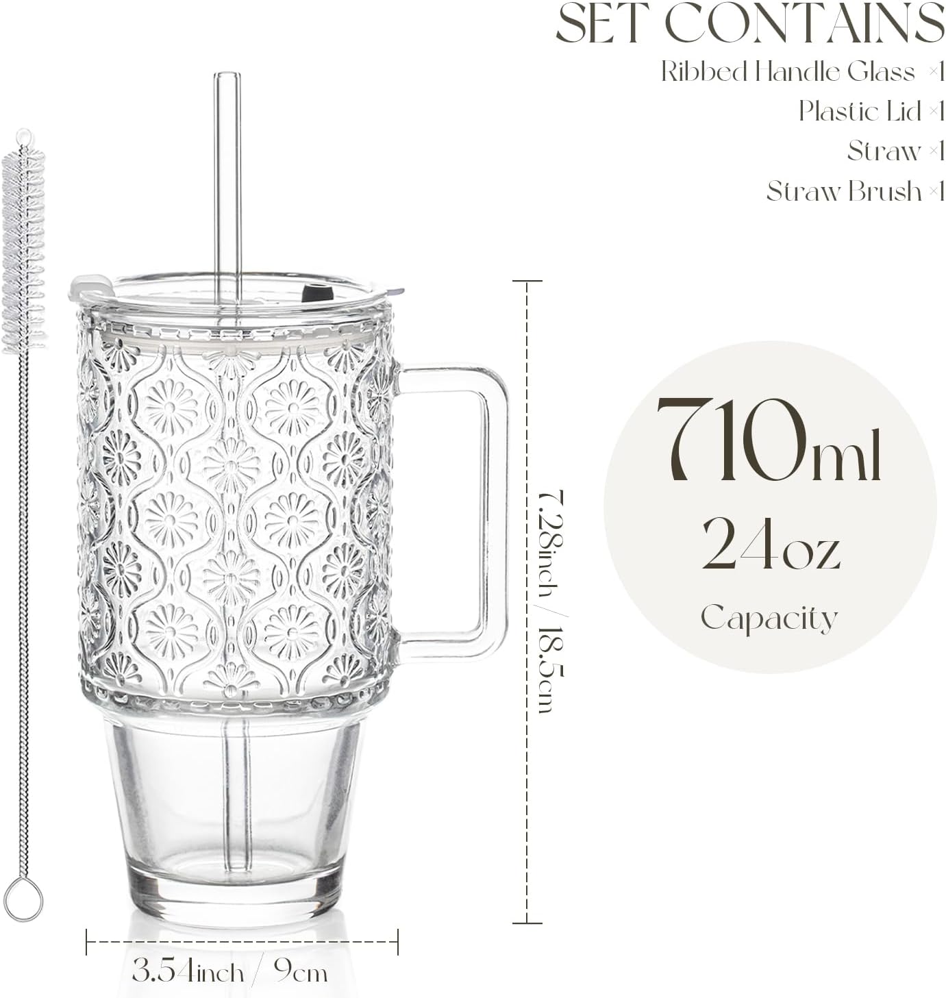 KEMORELA 24 Oz Glass Tumbler with Straw and Lid, Iced Coffee Cups with Lids, Smoothie Cup with Handle, Begonia Pattern Glassware for Cold Drinks, Reusable Tumbler for Beverages (1)