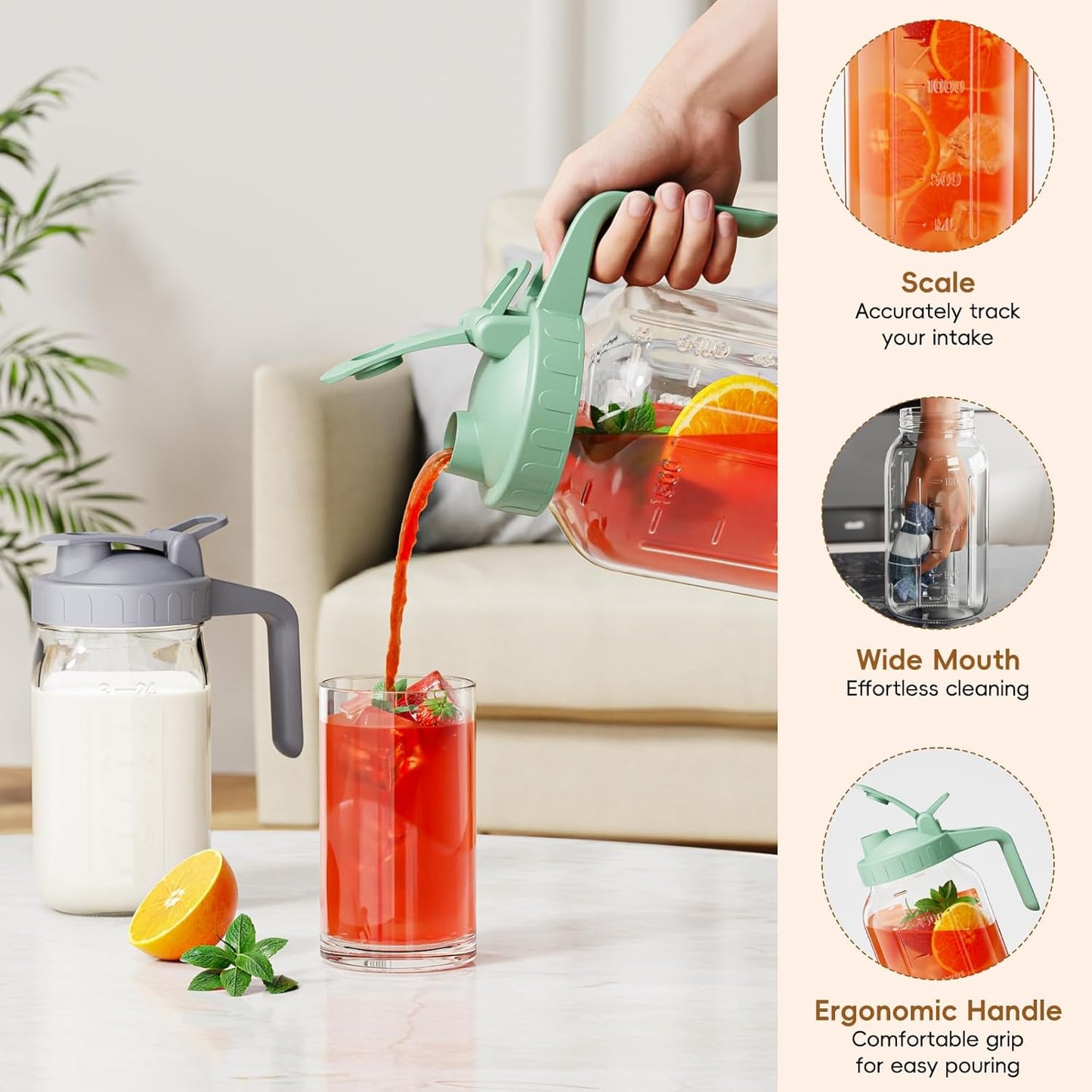 Glass Mason Jar Pitcher, 64 oz Wide Mouth Jug with Pour Spout Handle Lid for Cold Brew Coffee, Ice Beverage, Iced Juice, Lemonade, Sun Tea, Fruit Drinks Container（White）