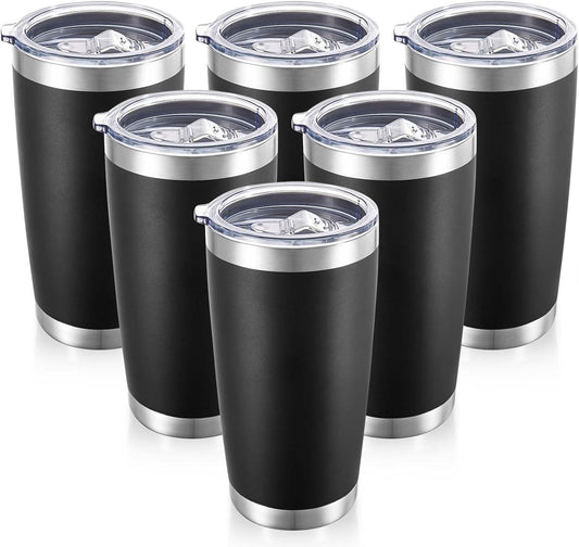 20 oz Tumblers Bulk Stainless Steel Tumbler with Lid Double Wall Vacuum Insulated Coffee Mug 20oz Powder Coated Cup for Hot and Cold Drinks, Black, 6 pack
