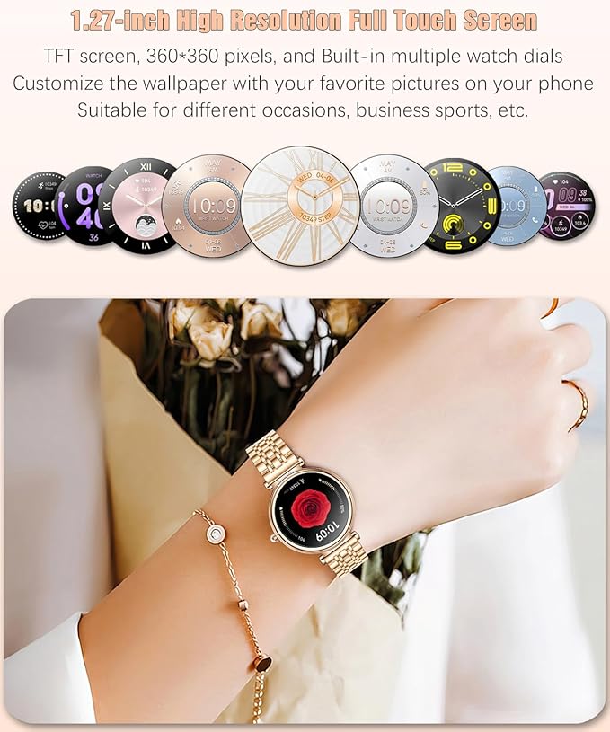 Smart Watch for Women 1.27" Color Screen Waterproof Fitness Activity Tracker Rose Gold Women's Smart Watch with Heart Rate Sleep Monitor for Android and iOS (Rose Gold Steel RT-i109)