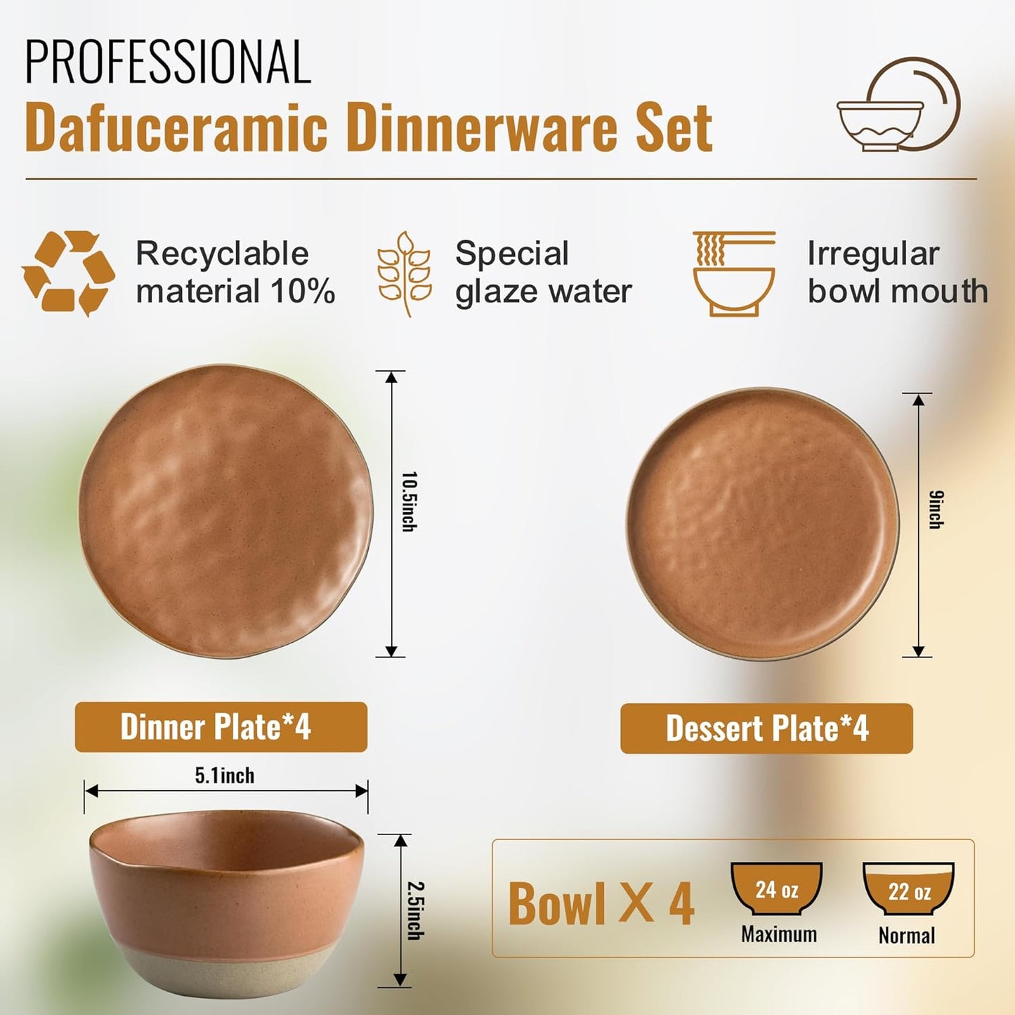 12 Pieces Dinnerware Sets,Plates and Bowls Sets, Handmade Reactive Glaze Dishes Set for 4 with at Least 10% Recycled Ceramic(Brownish Red)