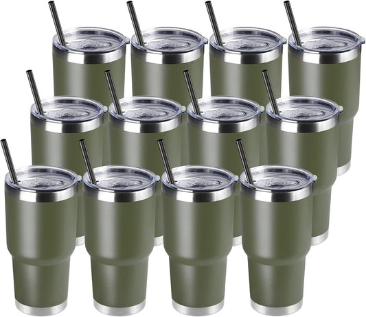 DOMICARE 30 oz Tumbler with Lid and Straw, Stainless Steel Tumblers Bulk, Insulated Vacuum Double Wall Travel Coffee Mug, Durable Powder Coated Tumbler Cups (Army Green, 12)