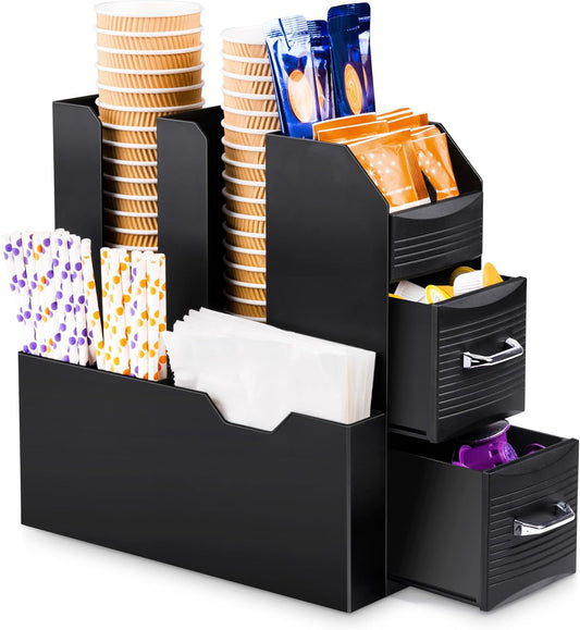 SZQINJI Coffee Condiment Organizer 11-Compartment Breakroom Coffee Station Organizer Countertop Cup Storage with 2 Drawers Black