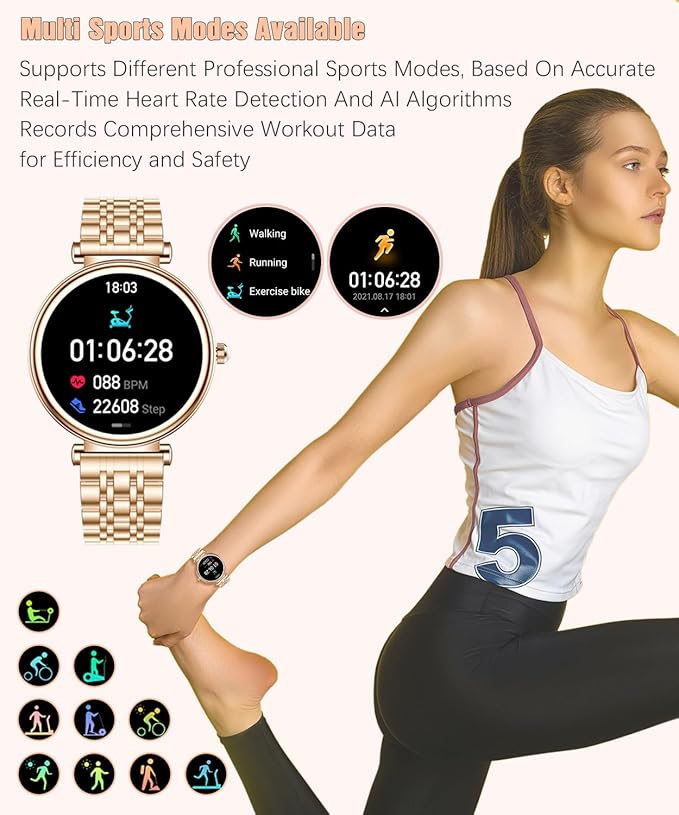 Smart Watch for Women 1.27" Color Screen Waterproof Fitness Activity Tracker Rose Gold Women's Smart Watch with Heart Rate Sleep Monitor for Android and iOS (Rose Gold Steel RT-i109)