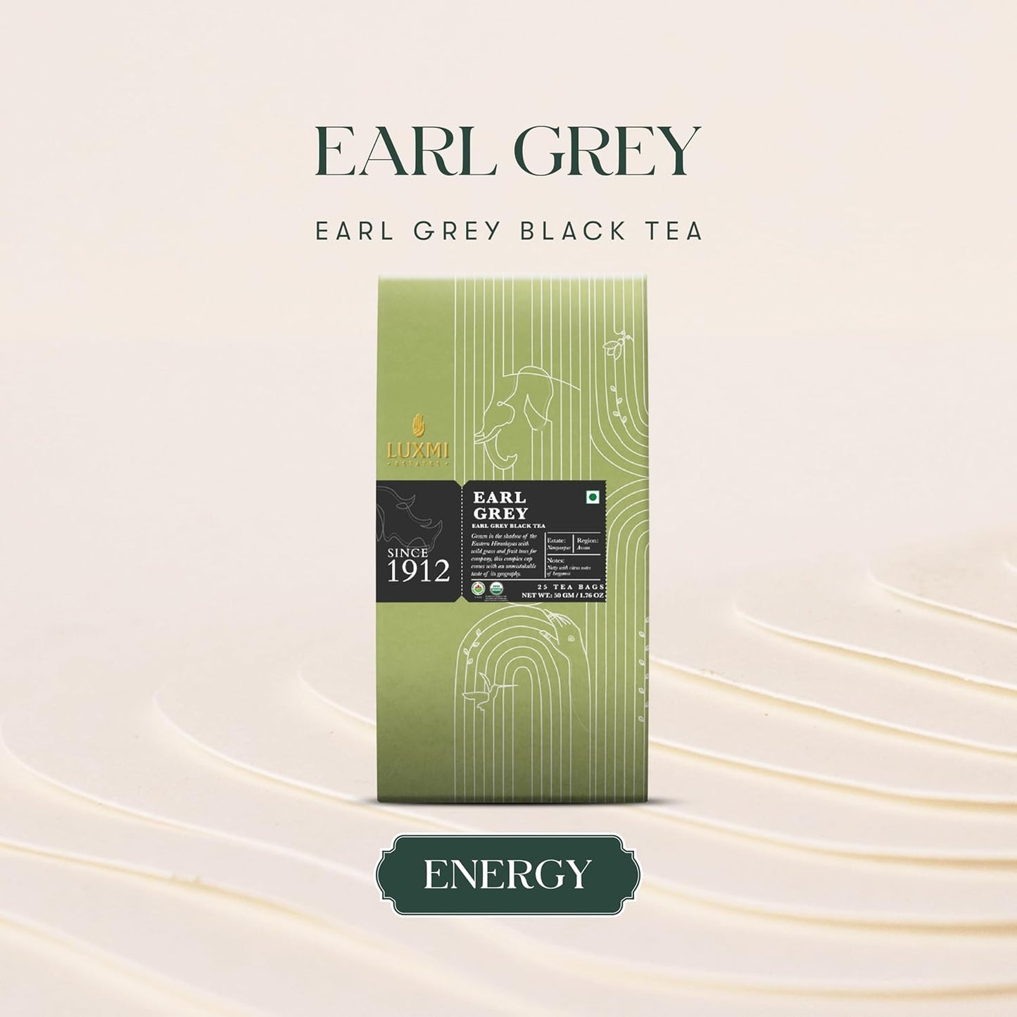 Luxmi Estates Garo Hills Earl Grey Tea 25 Tea Bags (50g) Pack | Certified Organic Black Tea