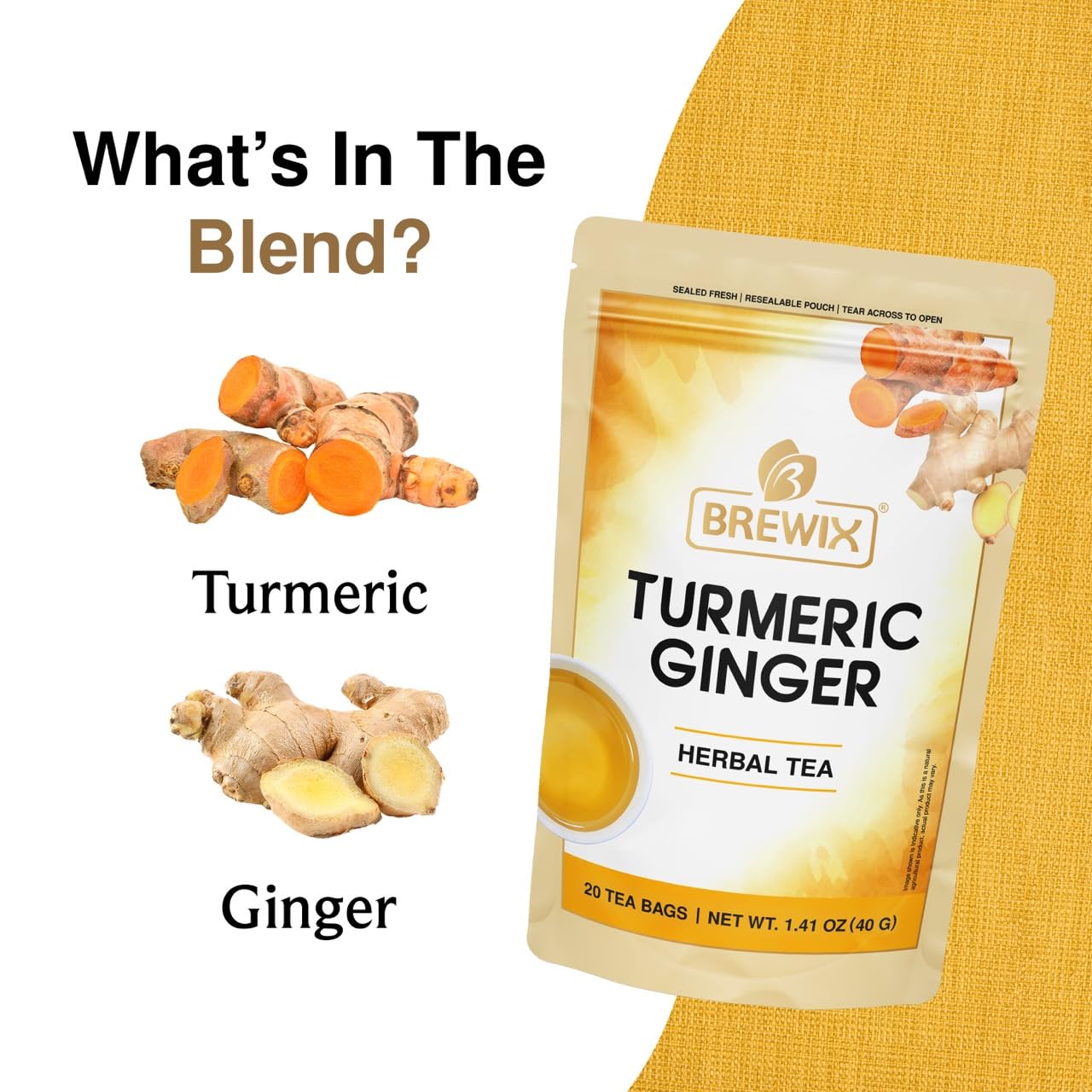 BREWIX, Turmeric Ginger Herbal Tea Bags (20 Pyramid Tea Bags) Real Ingredients From India, Naturally Caffeine Free | Pure Herbal Blend | Packed in Resealable Ziplock Pouch