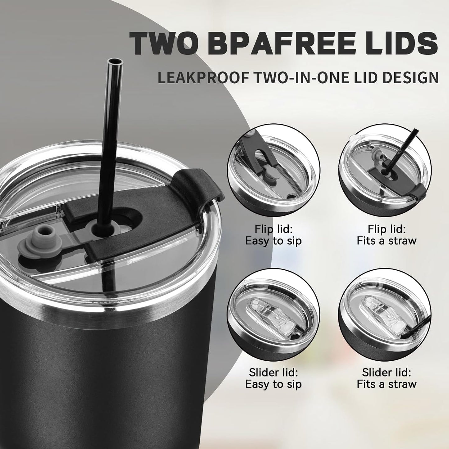30 oz Tumbler with Lids and Straws, Stainless Steel Insulated Coffee Tumbler, Double Wall Vacuum Insulated Travel Mug Cup, Leakproof Thermal Coffee Cup for Hot and Cold Drinks (Black)