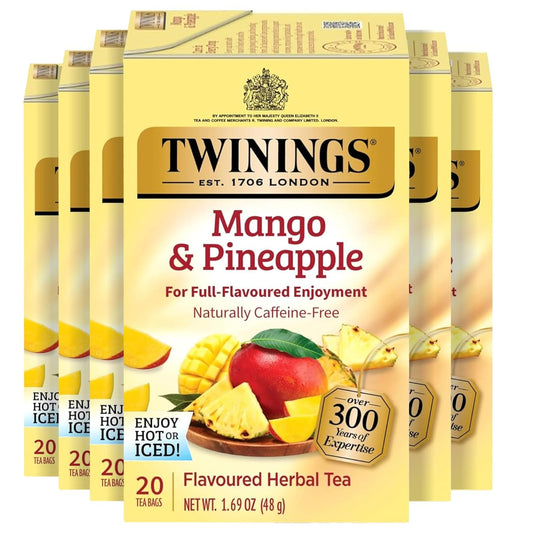 Twinings Mango & Pineapple Herbal Tea Individually Wrapped Bags, 20 Count (Pack of 6), Naturally Caffeine-Free, Enjoy Hot or Iced, 120 Teabags