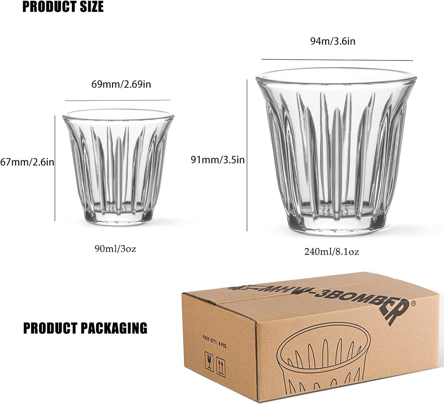 MHW-3BOMBER Shot Glasses Set of 6 Small Glass Cups 3OZ Latte Glasses for Espresso, Whiskey, Vodka, Spirits & Liquors G6190-0S