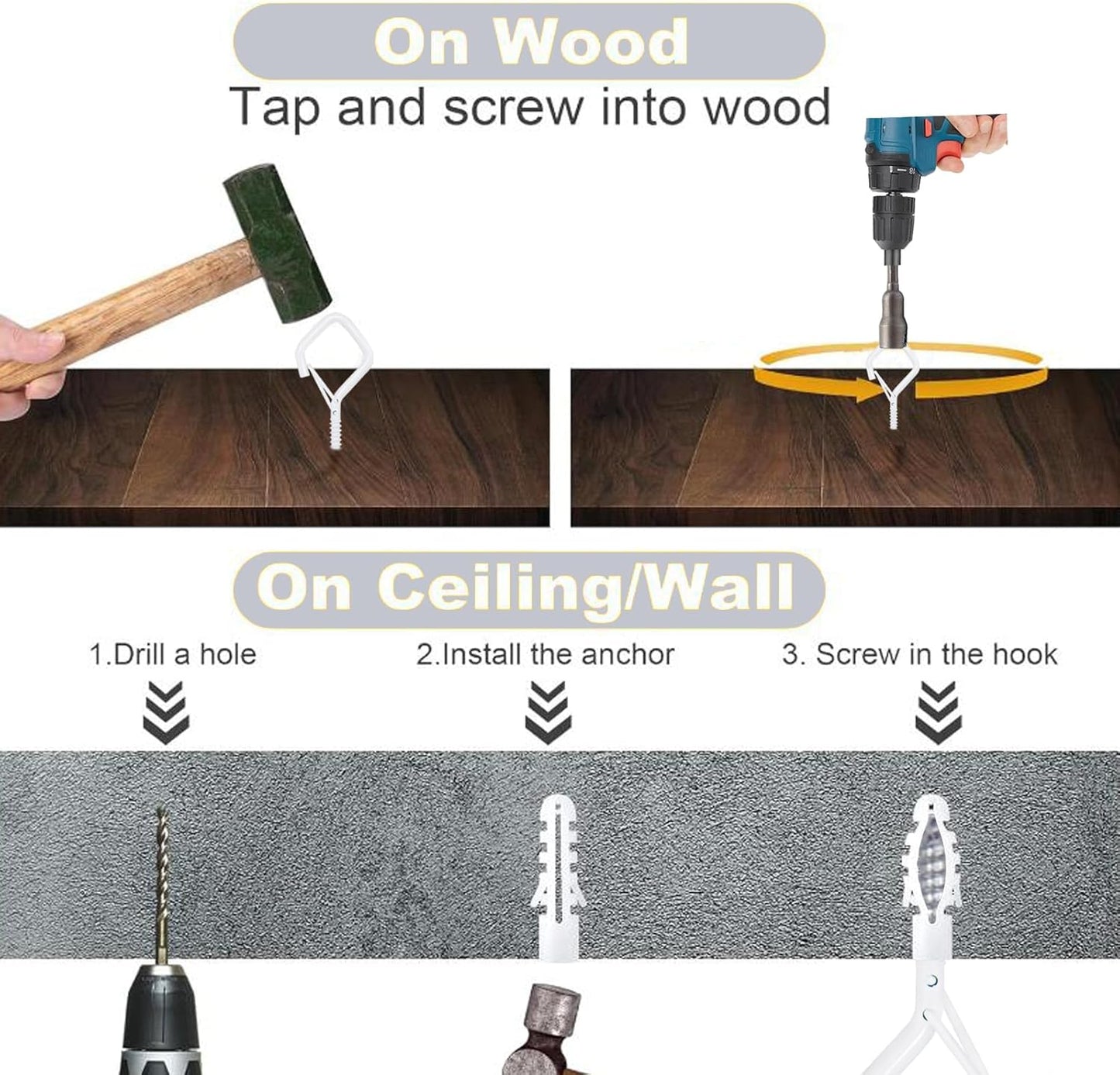 10PCS Eye Screw Hooks for Hanging Heavy Duty with Safety Buckle.Metal Ceiling Hooks for Hanging Plants,Cup,Wind Chime,Bird Feeders,christmas String Lights at Indoor&Outdoor,2.36 Inch(No Drill Bit)