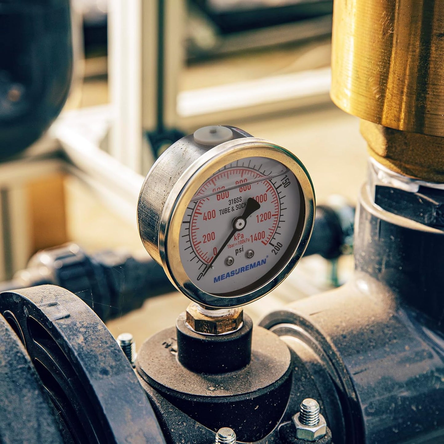 MEASUREMAN Fully Stainless Steel Hydraulic Glycerin Filled Pressure Gauge, 2-1/2" Dial Size,0-200psi/kpa,1/4" NPT Lower Mount