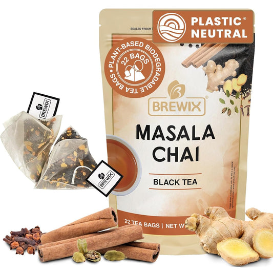 BREWIX, Masala Chai Tea Bags (22 Pyramid Tea Bags) Strong, Robust & Spicy - Pure Ingredients | Black Tea, Cinnamon, Ginger, Black Pepper, Cardamom & Cloves, Packed in Resealable Ziplock Pouch