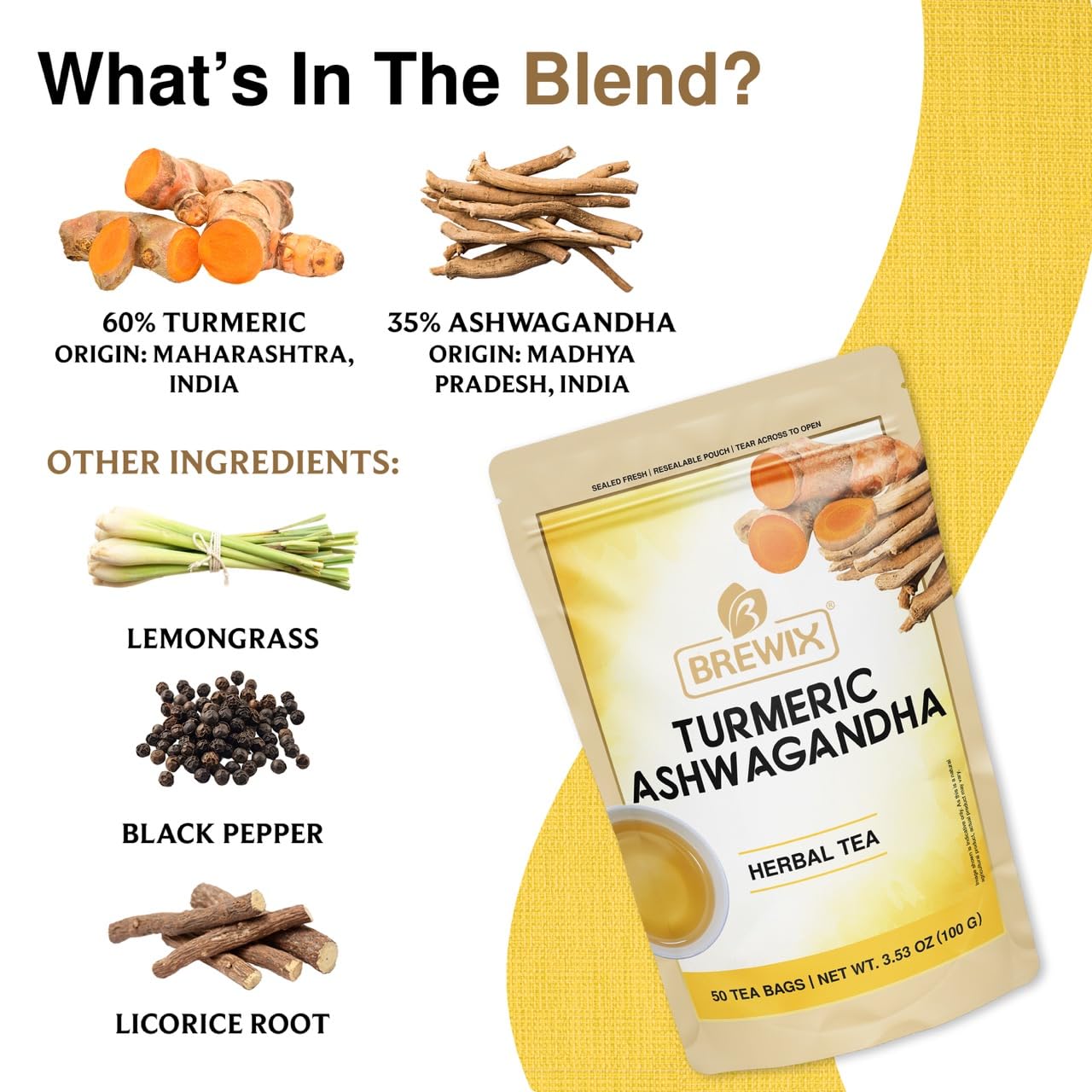 BREWIX, Turmeric Ashwagandha Herbal Tea Bags (50 Pyramid Tea Bags) Real Ingredients From India, Caffeine Free & Naturally Gluten Free | 100% Pure Herbal Blend Packed in Resealable Ziplock Pouch
