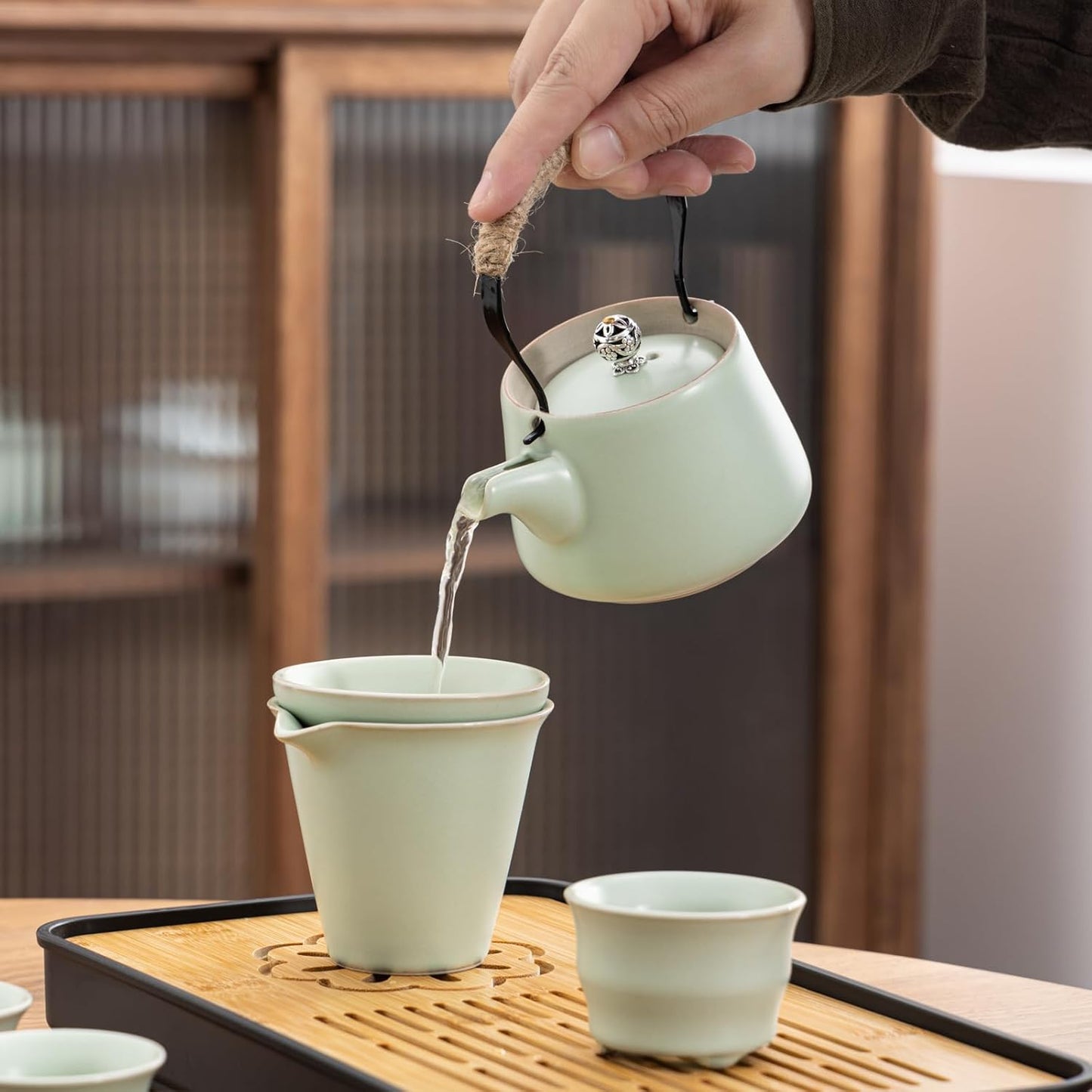 Travel tea set,Portable ceramic tea set,Chinese tea set,Tea sets for adults,Tea pot sets,Portable Travel Bag,Home,Gifting,Outdoor and Office,茶具 (Light green)