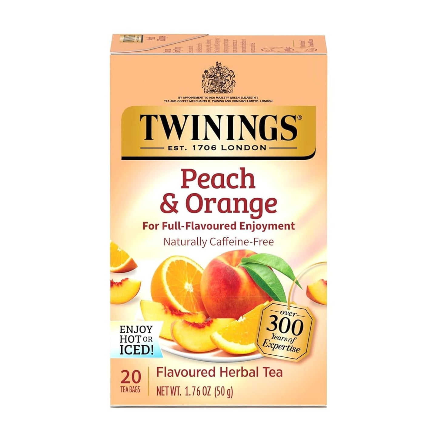 Twinings Peach & Orange Herbal Tea Individually Wrapped Bags, 20 Count (Pack of 1), Juicy & Fruity, Naturally Caffeine-Free, Enjoy Hot or Iced, 20 Teabags