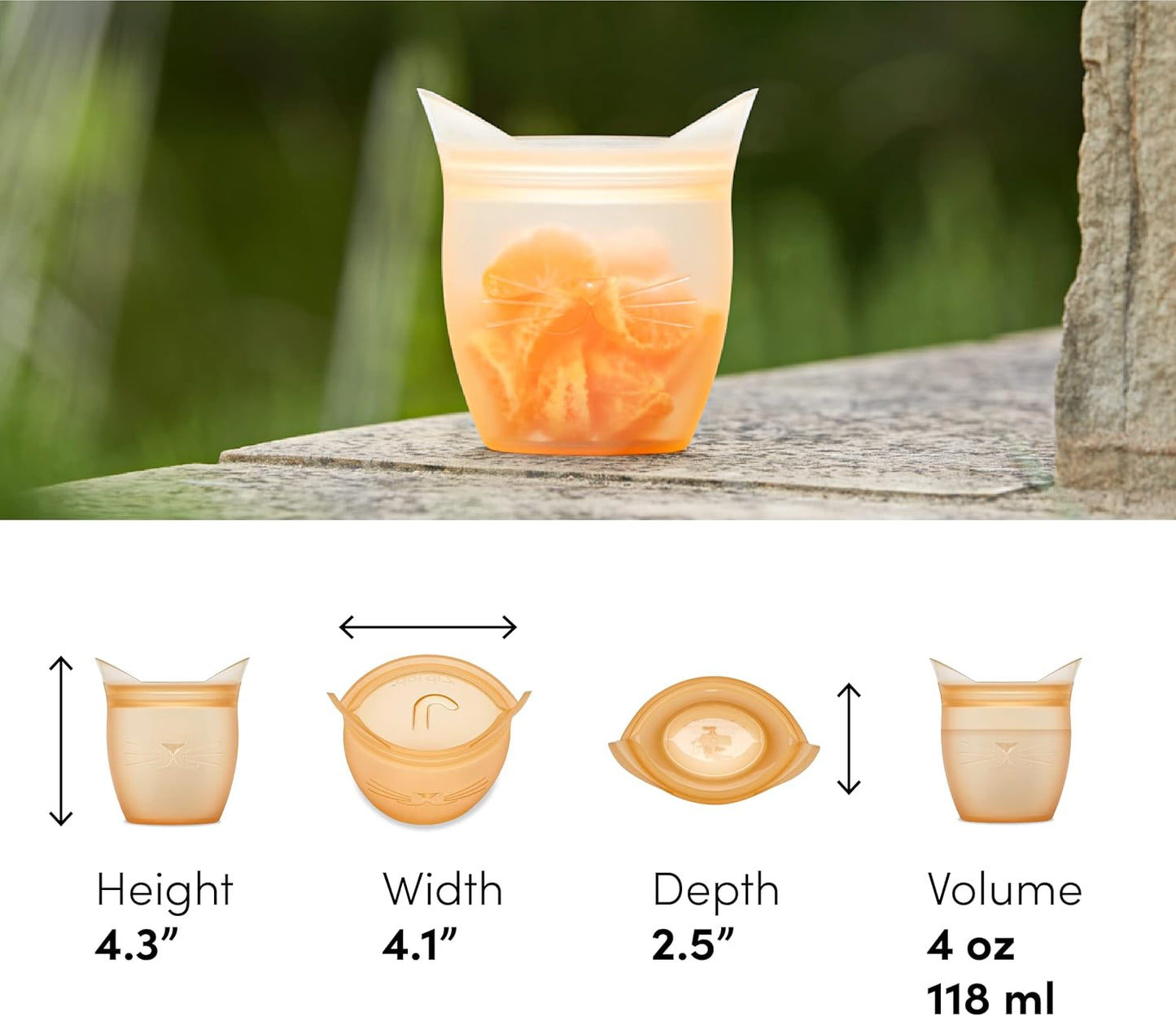 Zip Top Reusable 100% Silicone Baby + Kid Snack Containers- The only containers that stand up, stay open and zip shut! No Lids! Made in the USA - Orange Cat