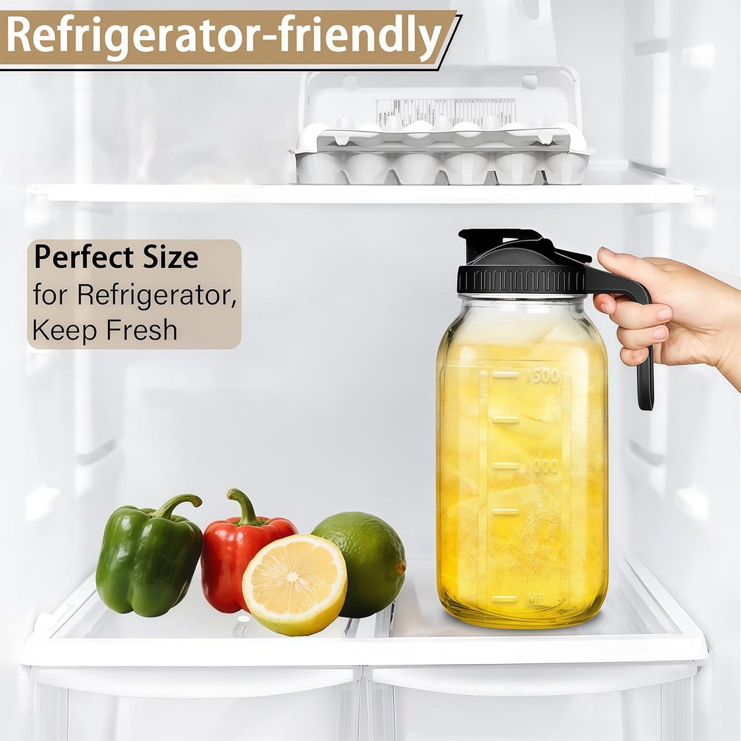 64oz Glass Pitcher with Handle and Lid, 2 Quart Mason Jar Pitcher - Airtight & Leakproof Water Jug with Pour Spout Lid, Glass Containers for Fridge, Perfect for Juice, Cold Brew, Iced & Sun Tea