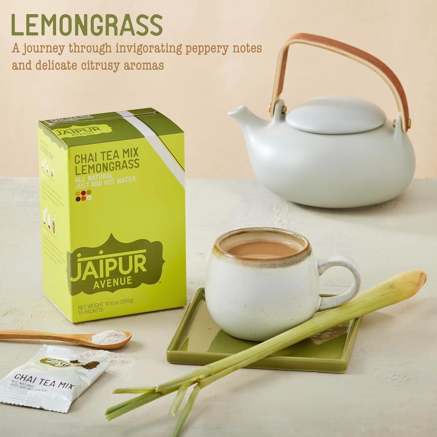 Jaipur Avenue Lemongrass Chai Tea Mix Crafted with All-Natural Assam Black Tea, Lemongrass, Cane Sugar, Premium Dry Milk - Preservative-Free, Gluten-Free, Authentic Indian Chai Tea Latte (15 Servings)