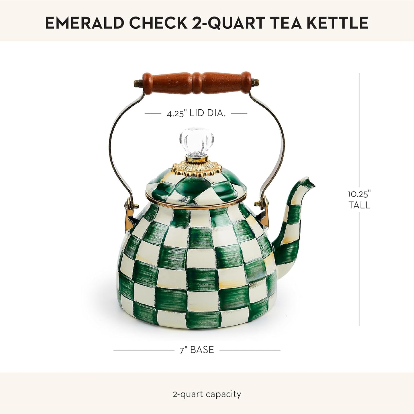 MACKENZIE-CHILDS Enamel Tea Kettle, Stylish Tea Kettle for Stovetop, Green-and-White Emerald Check, 2 Quarts