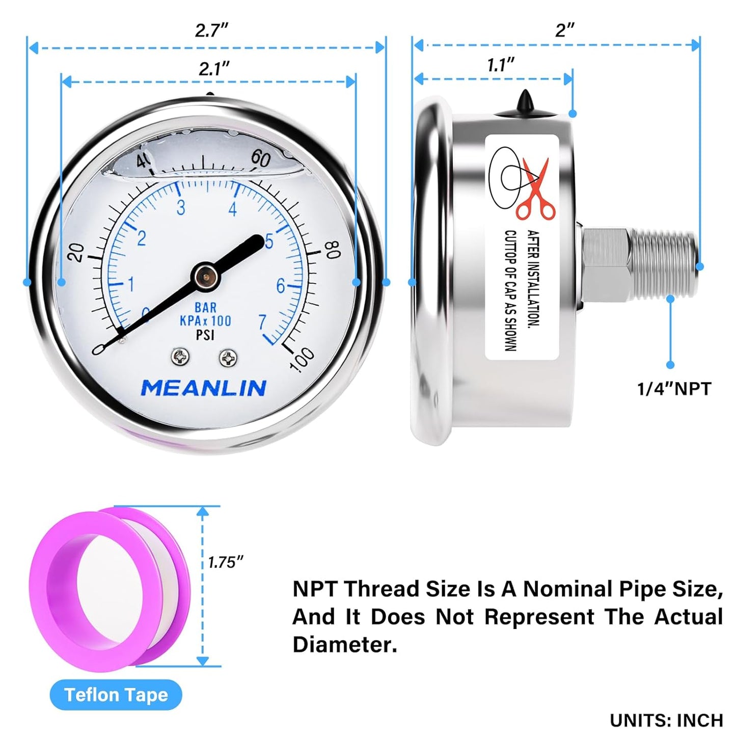 MEANLIN MEASURE 0~100Psi Liquid Filled Pressure Gauge Stainless Steel with 316 Stainless Steel Joint 1/4" NPT 2.5" FACE DIAL for Well Pump Tire Water Pressure Tester Center Back Mount