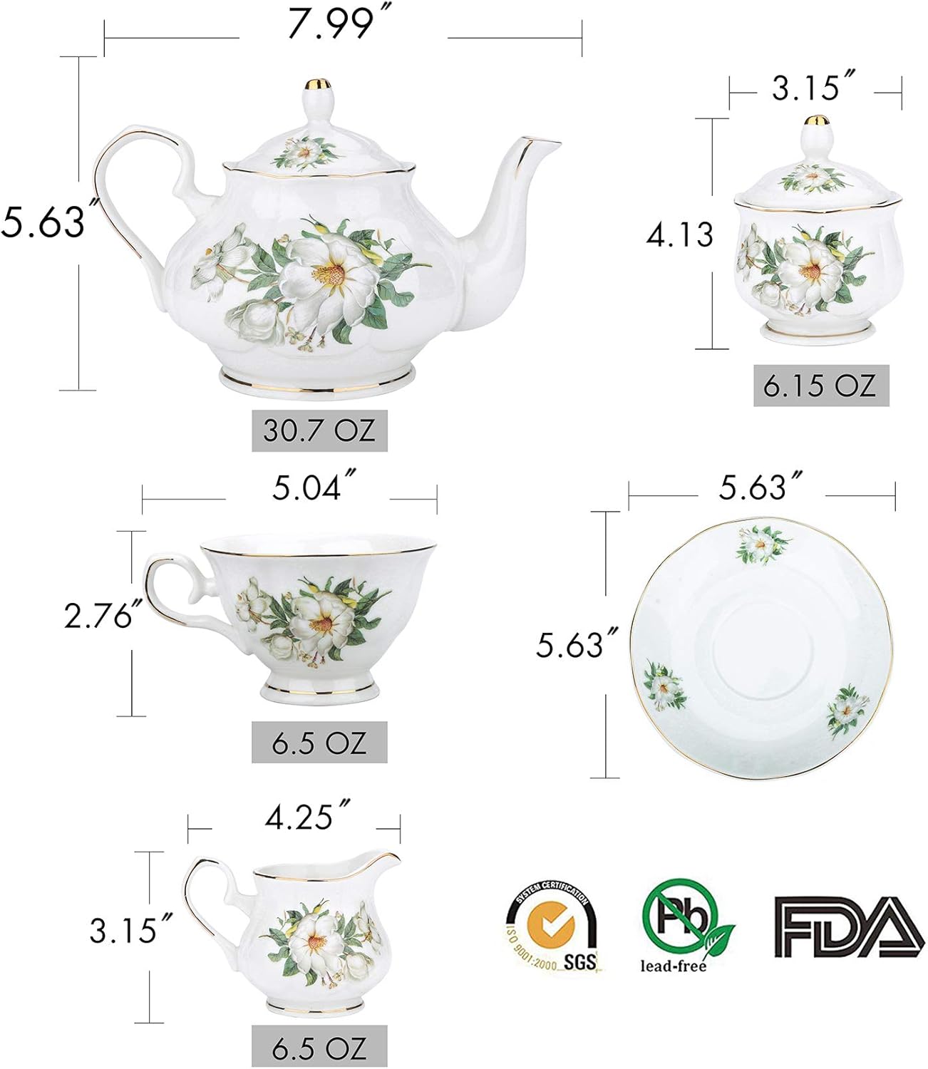 CHENP.HMC Porcelain Tea Set Tea Cup Set 22-Piece Porcelain Ceramic Coffee Tea Gift Sets Cups Saucer Service for 6 Teapot Sugar Bowl Creamer Pitcher and Teaspoons tea pot sets(Camellia)