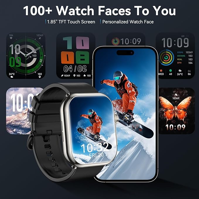 Smart Watch for Men Women, 1000 mAh 100 Day Battery Life, 1.85" Fitness Tracker with Call Function, 110+ Sport Modes, Heart Rate, Sleep Monitor Fitness Watch, IP68 Waterproof, Compatible iOS Android