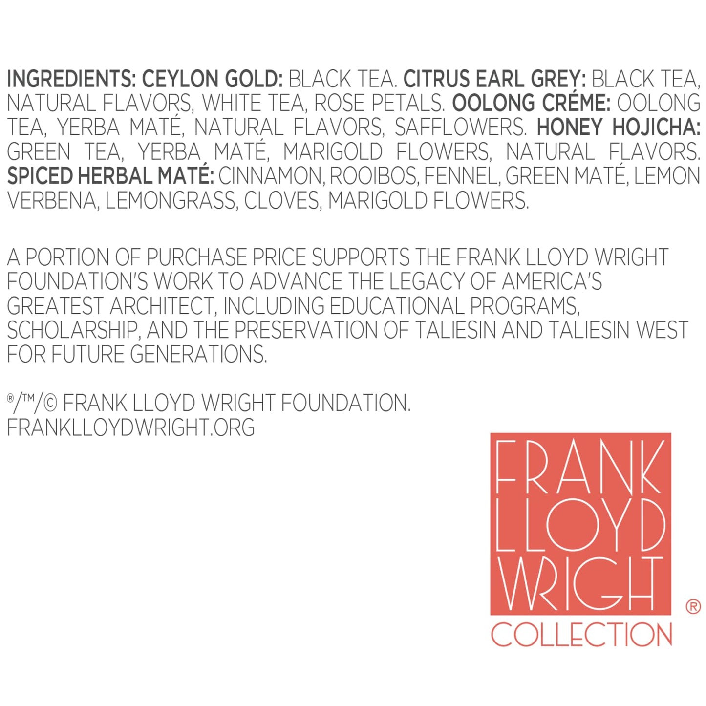 Tea Forte Frank Lloyd Wright Petite Presentation Box Tea Gift Set Sampler, 10 Count, 2 of Each Variety Individually Wrapped Handcrafted Pyramid Infuser Bags