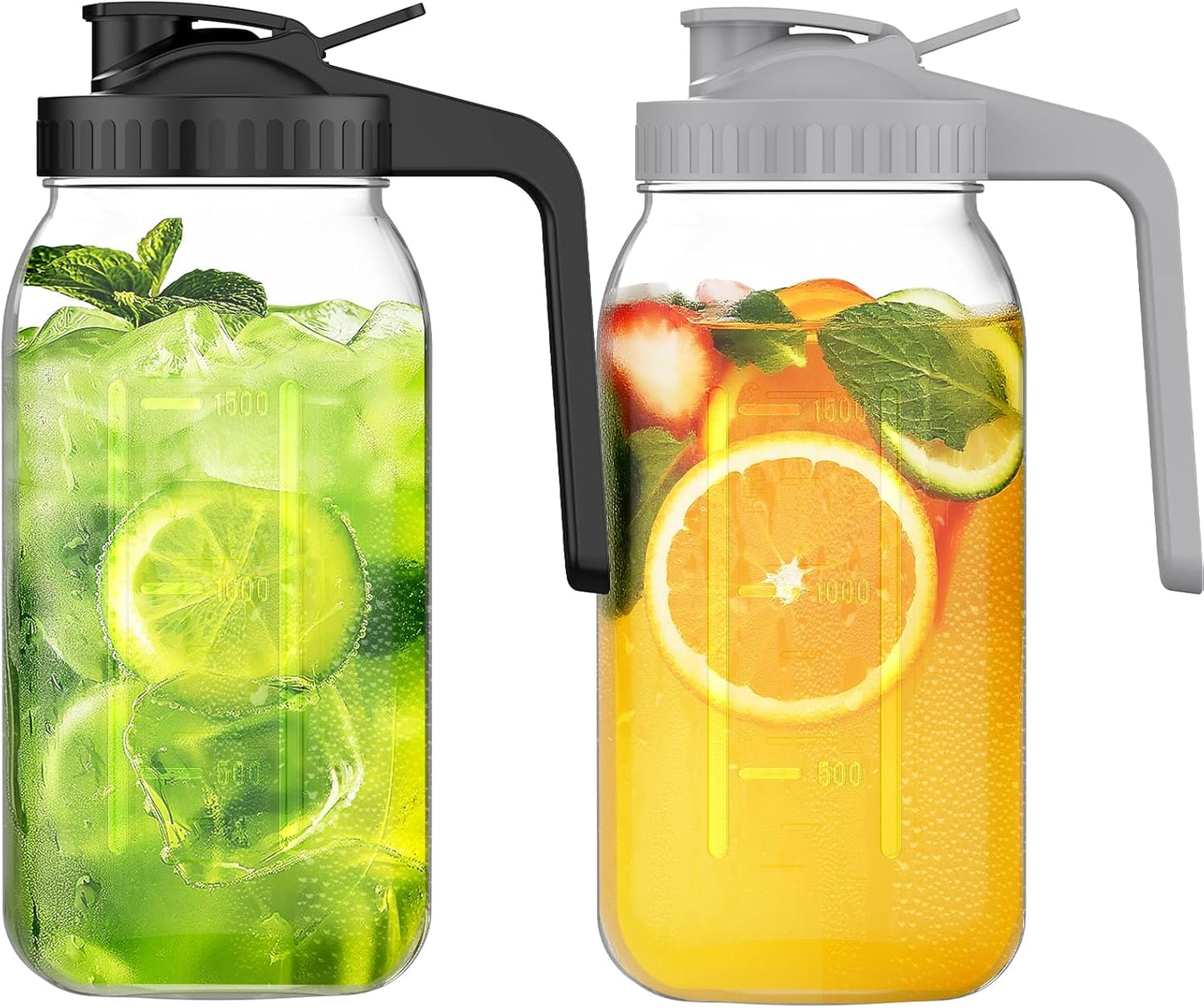 2-Pack 64oz Glass Mason Jar Pitchers with Leak-Proof Lids and Handles – Wide Mouth Design for Sun Tea, Cold Brew, Lemonade, Juice, Iced Tea, and Water