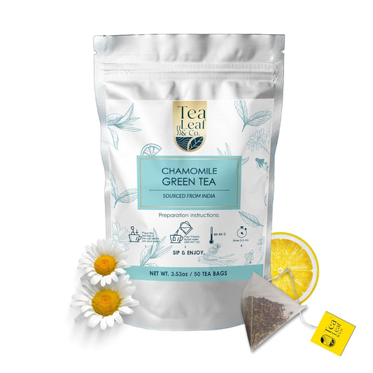 Tea Leaf & Co. Chamomile Green Tea Bags (50 Count), Green Tea with Lemon Extract and Lemongrass, Caffeinated, Real and Natura Green Tea, Blended with Fresh Herbs and Spices, Gluten Free