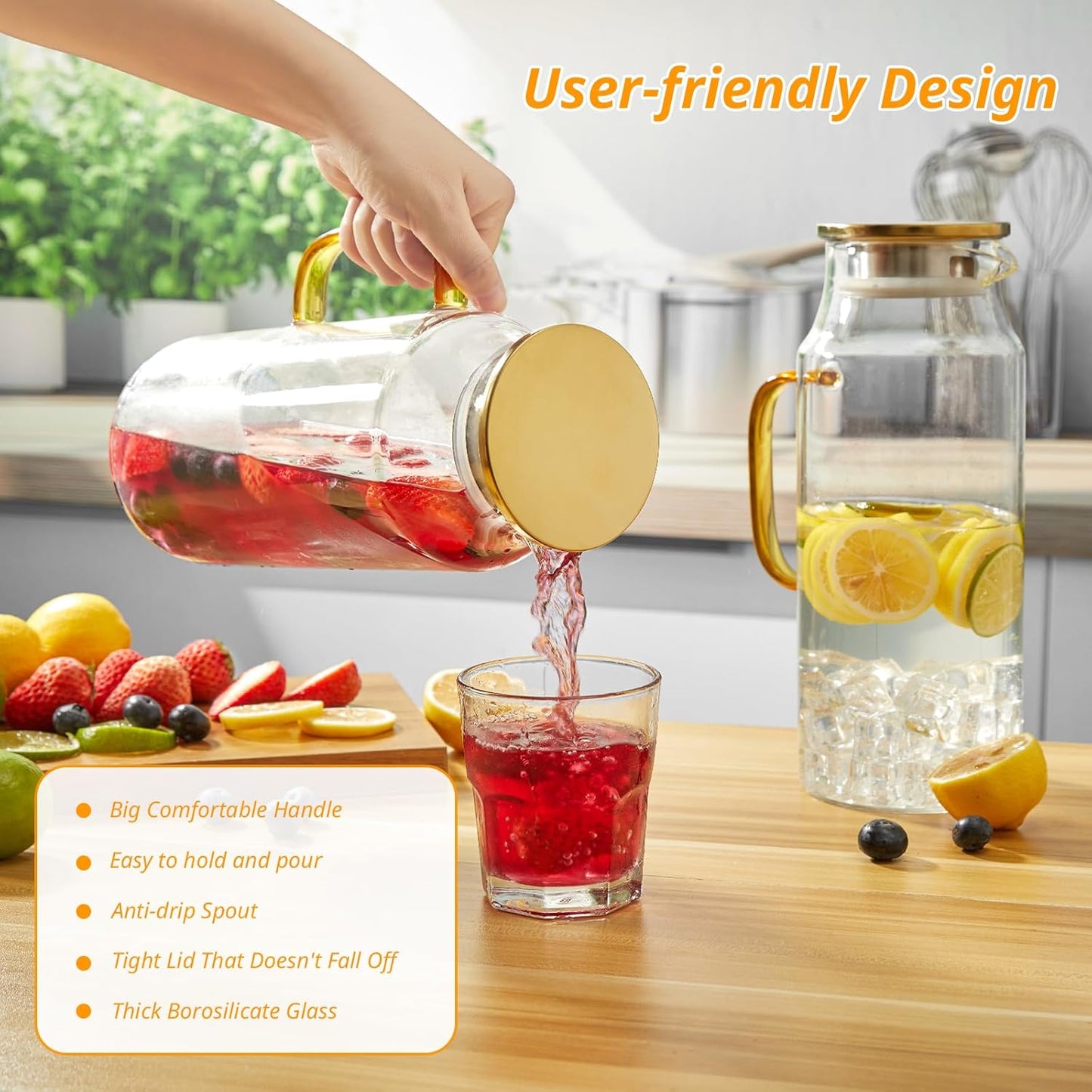 2 Pack 2 Liter 68 oz Glass Pitcher with Lid and Spout, Gold Glass Water Pitcher for Fridge, Glass Carafe for Hot/Cold Water, Large Jug for Iced Tea, Coffee, Juice and Homemade Beverage